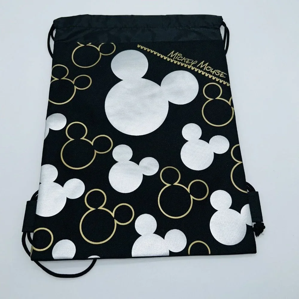 Disney Mickey Mouse Drawstring Backpack Bag Tote Black Gold, Silver [2 Pack] NEW